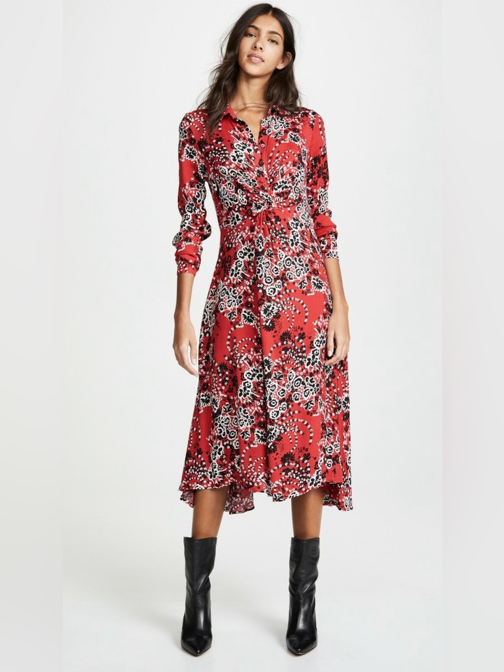 Free People Tough Love Red & Black Midi Shirt Dress Size 6